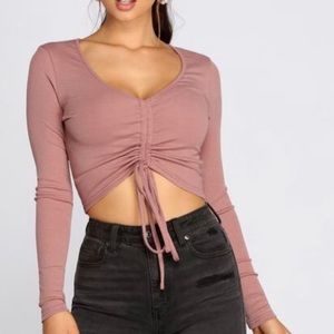 Kendall & Kylie Pink Ruched Ribbed Cropped  Long Sleeves Knit Top Shirt …